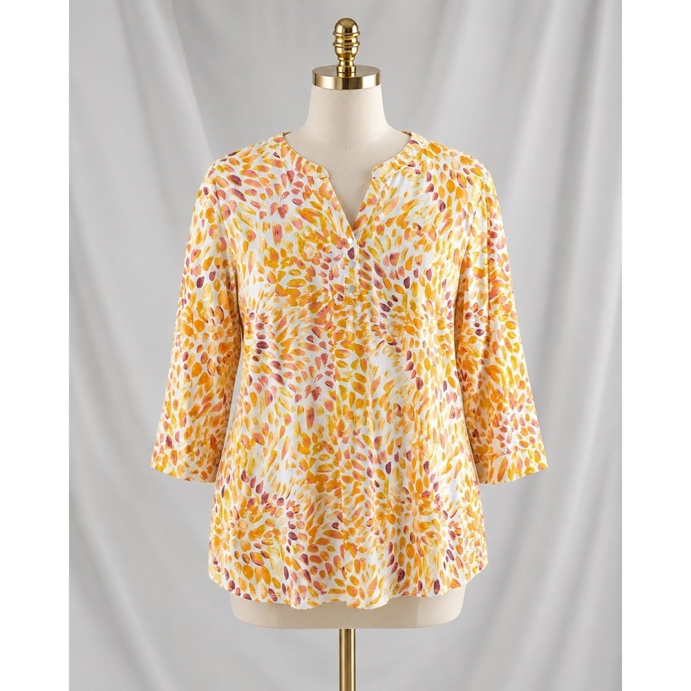 Denim & Co Textured Knit 3/4 Sleeve Y-neck Henley Top Womens XL Orange Petal